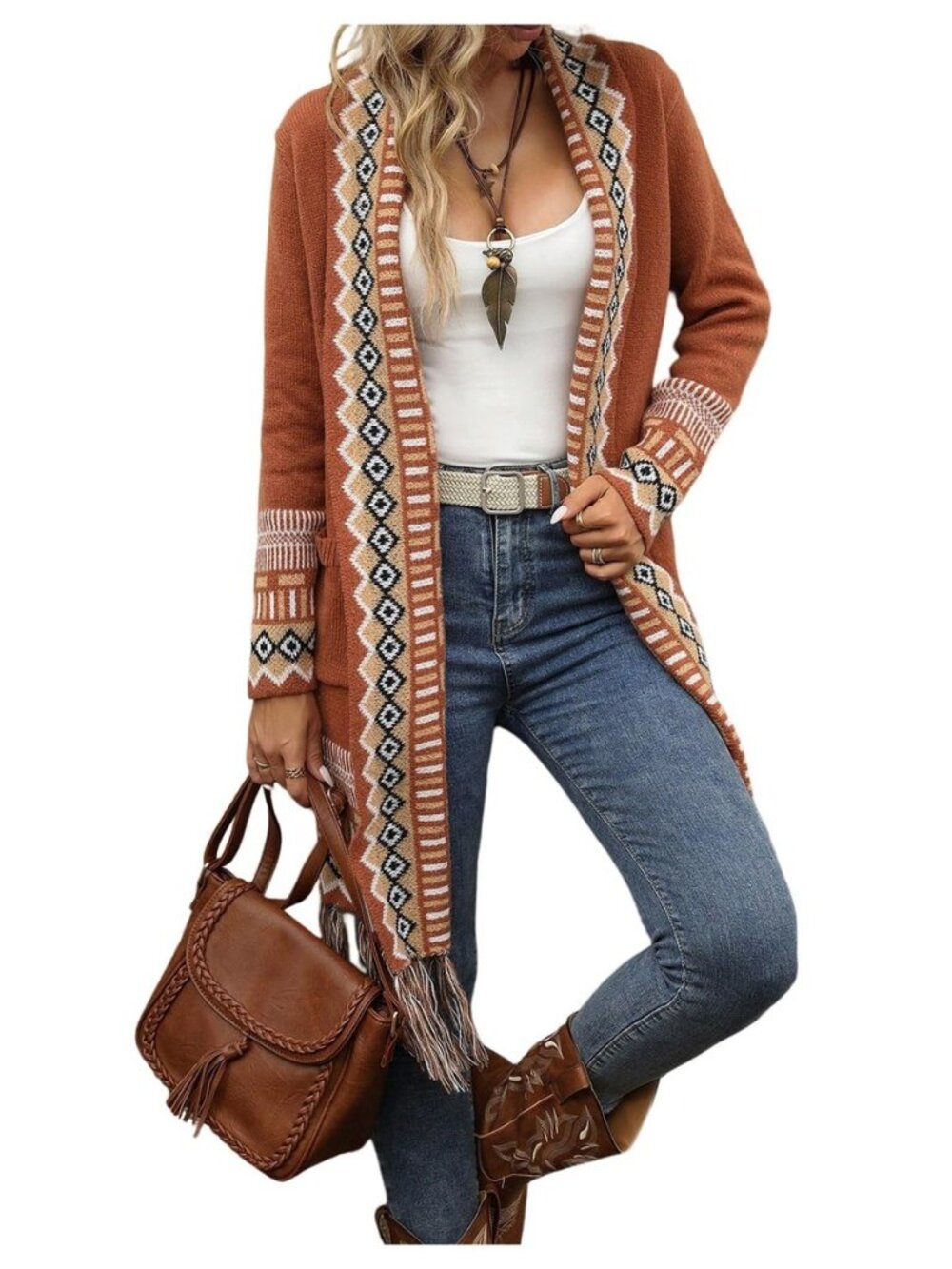 Women's Fringe Long Cardigan Sweaters Boho Western Sweater